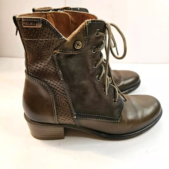 Pikolinos Zaragoza Moss Brown Leather Lace-Up Side Zip Ankle Boots EUR 39 US 8 - Picture 4 of 16